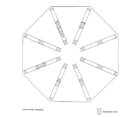 Technical drawing – octagon with rectangles pointing toward a center with markings indicating deteriorated wood.
