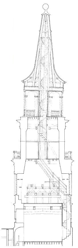 Technical drawing of a steeple with staircases leading to the top of the spire.
