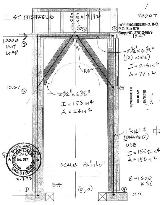 Technical drawing of framework with multiple had written formulas and engineering stamps.