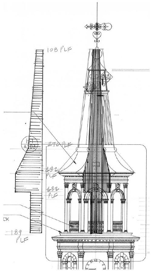 Technical drawing of framework with multiple had written formulas an outline shape of the steeple filled with horizontal lines.