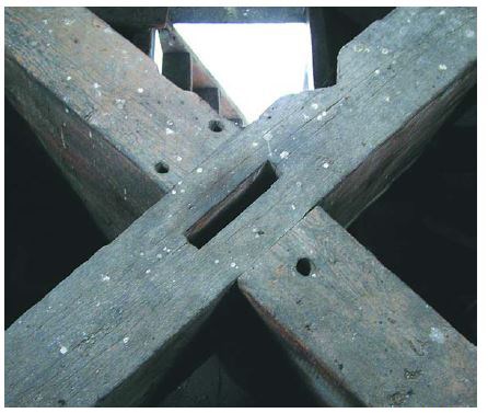 Wooden beams form an X with a slot in the center.