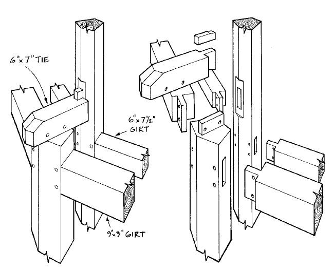 Detailed architectural drawing of wedged dovetail joints.