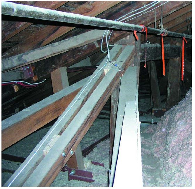 Multiple timber beams support an attic post and roof rafters.