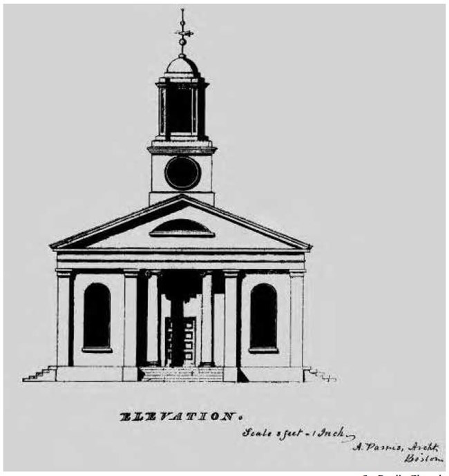 Drawing of church with a church with a single peak and a square steeple with a domed top lantern and weathervane.