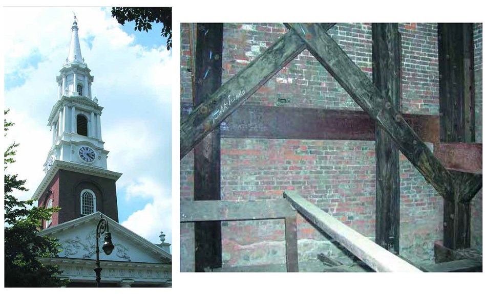 Left steeple with a clock, lantern, belfry, and spire atop a red brick tower. Right - timber beam framework in front of a red brick wall.
