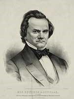Grayscale bust portrait of Stephen Douglas. He is dressed in a suit jacket and tie looking toward the audience.