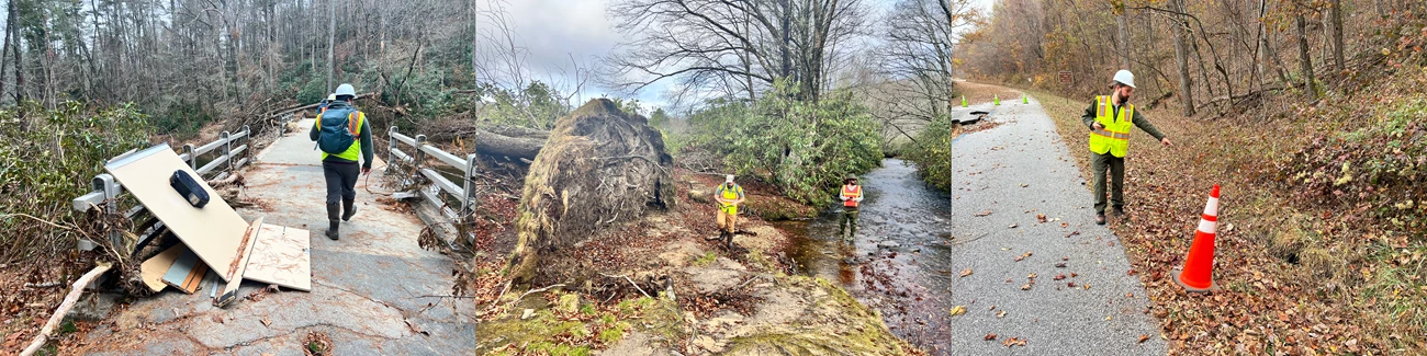 READ Team at BLRI People in hard hats and yellow vests walk across a damaged bridge, near a stream with a large tree uprooted, and down a road.