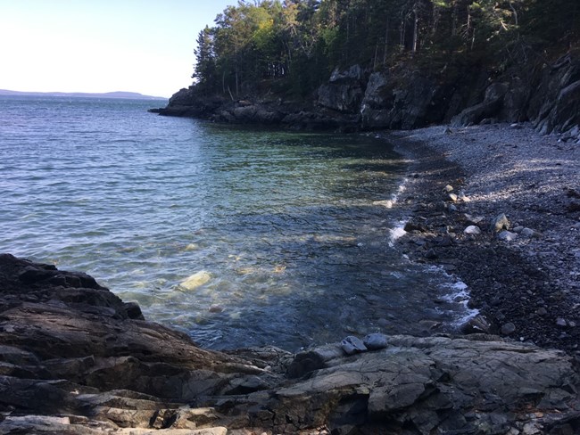 A cobblestone beach surrounded by rock cliffs covered in trees