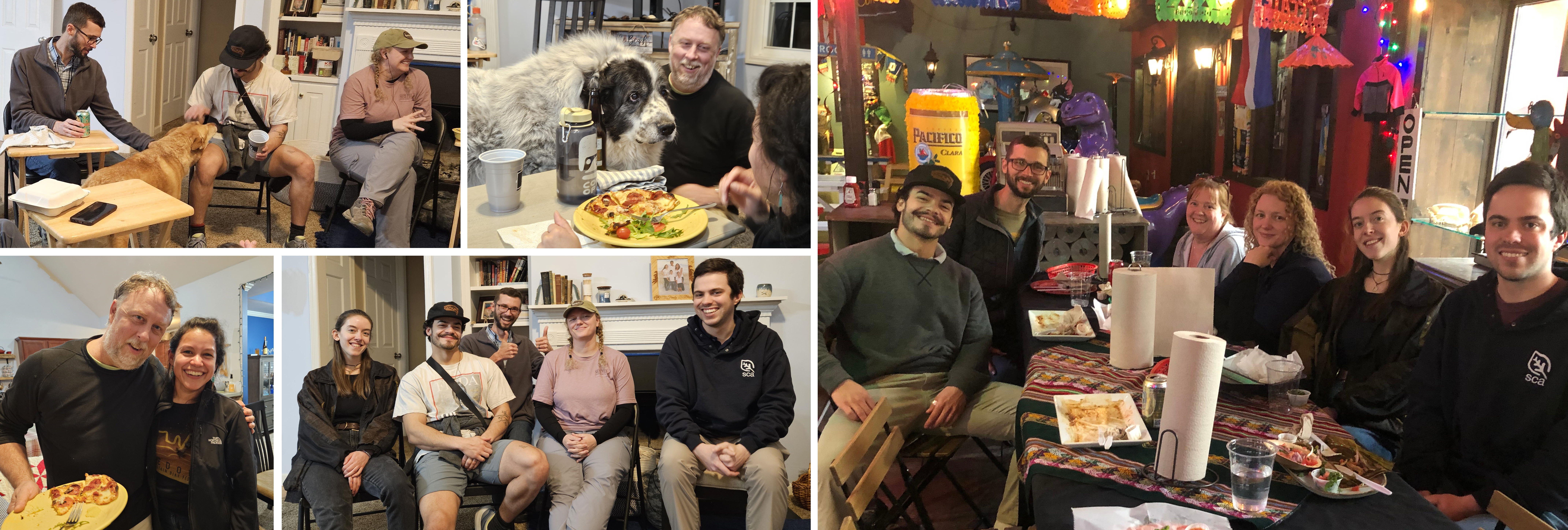 Collage showing members at a pizza party with dogs and a restaurant