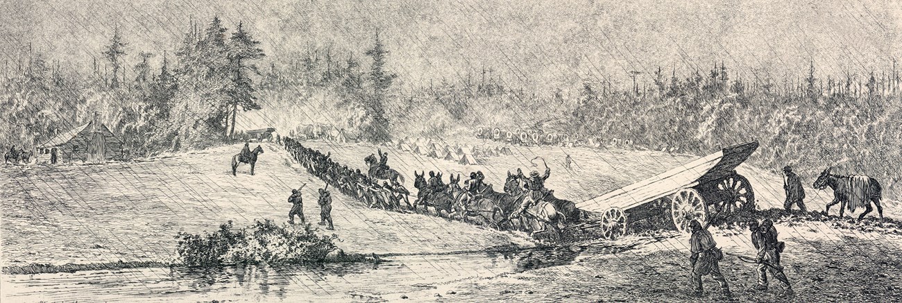 An etching of a Civil War army moving with large wagons stuck in mud.