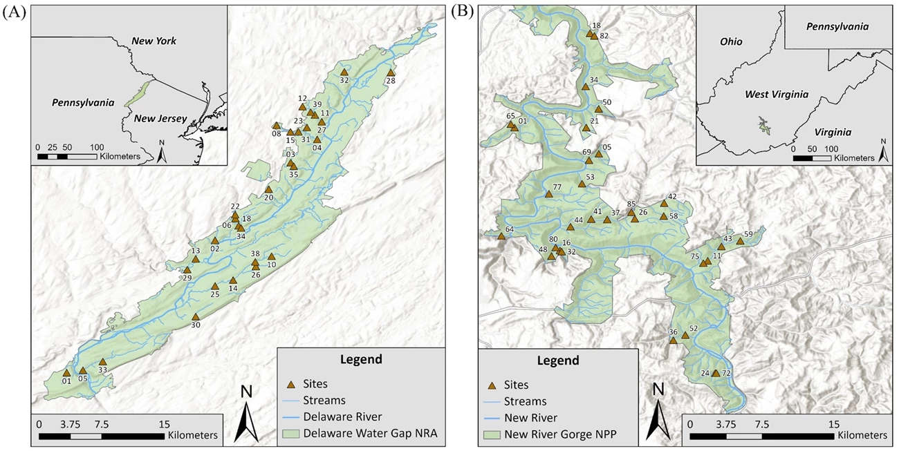 Stream fish study site maps Topographic maps of Delaware Water Gap NRA, between PA and northern NJ, and New River Gorge NPP in WV. The parks, shaded green, both surround large rivers, fed by dozens of small streams. Monitoring sites are distributed among the small streams.