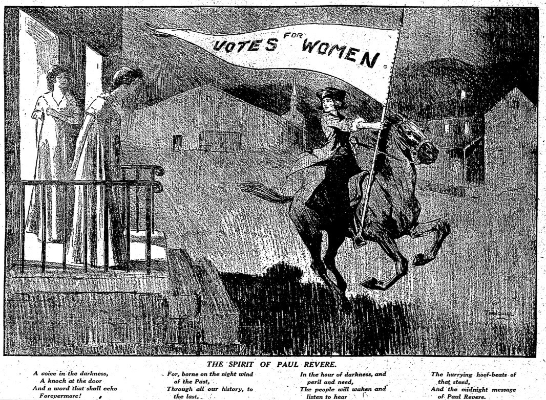 Suffragists-PaulRevere-BostonHerald-1915-07-11 a woman on horseback is galloping in a small town. She's dress in colonial wear but carries a "Votes for Women" flag. Two other women come out of a house to hear her call.