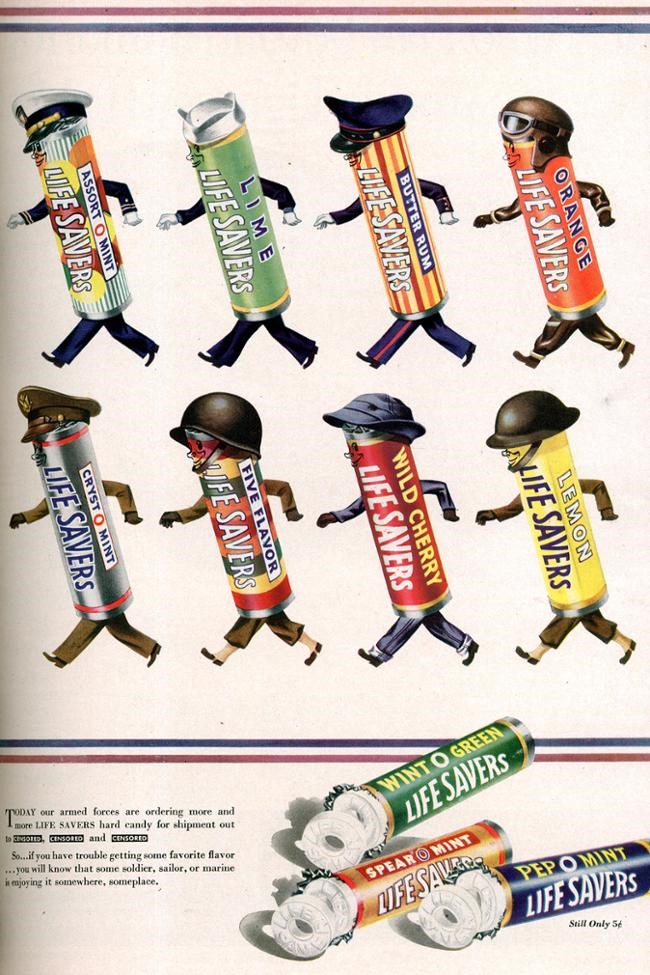 Color cartoon of Life Savers rolls wearing hats and helmets of the US armed forces.