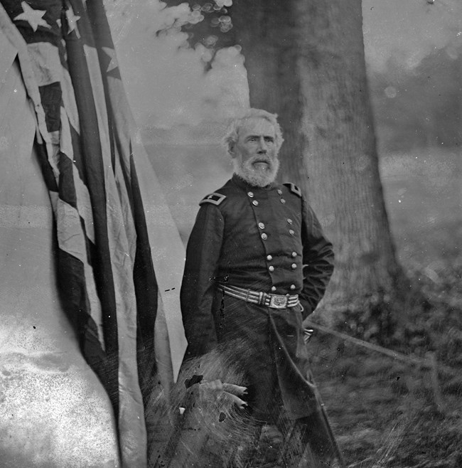 Black and white historical photograph of a man in Union military uniform.