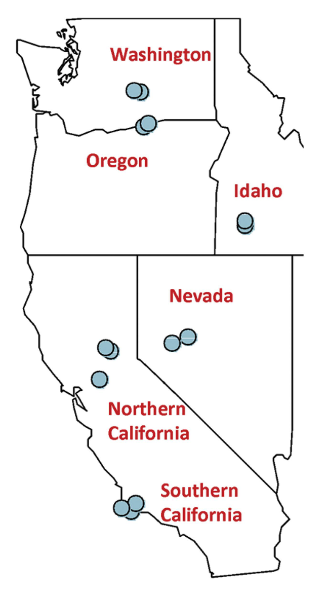 Black and white line drawing of a map of WA, OR, ID, NV, and CA with state borders, state names in red and blue dots depicting survey site locations