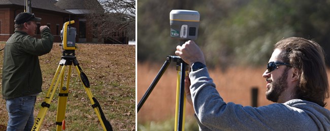 Survey training at SECN office Man looks through survey equipment, man adjusts tripod