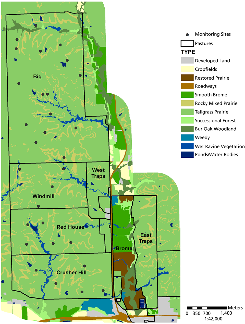 Map of Tallgrass Prairie National Preserve and locations of monitoring sites.