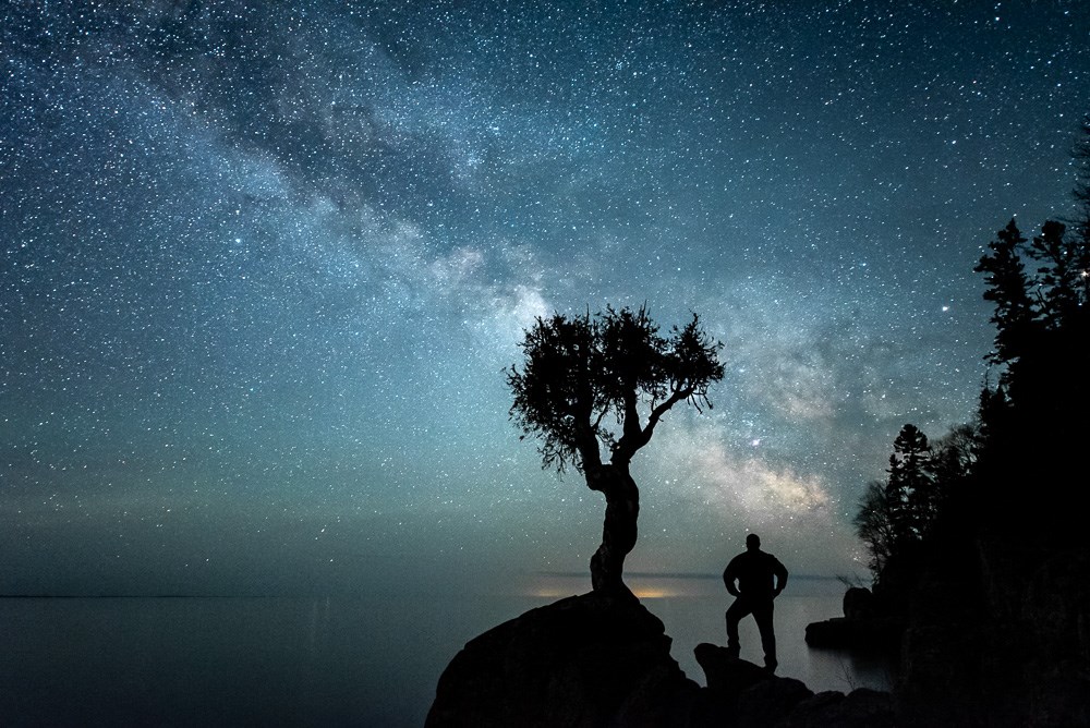 Silhouette of a man and tree in front of a night sky.