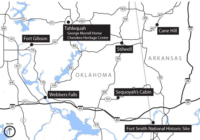 Map showing trail sites in western Arkansas and eastern Oklahoma for the itinerary Map showing trail sites in western Arkansas and eastern Oklahoma