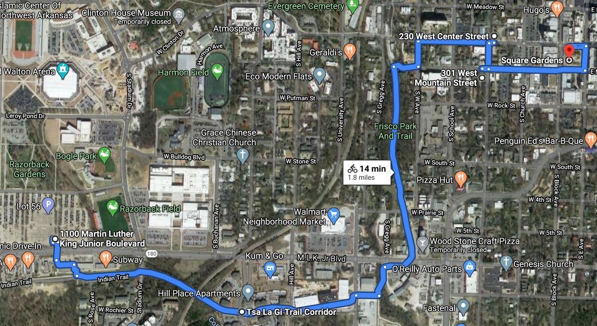 Satellite map showing the bicycling route for visiting Trail of Tears sites