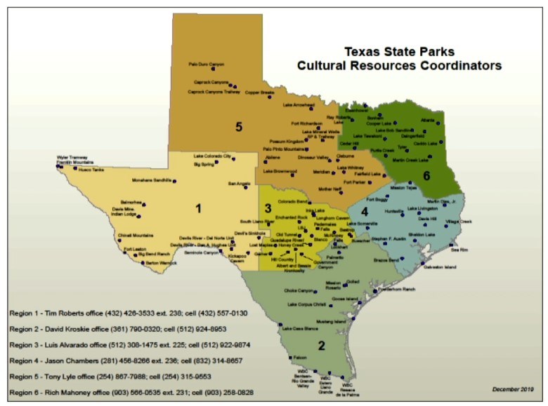 A Map of Texas divided into 6 regions managed by cultural resource staff.
