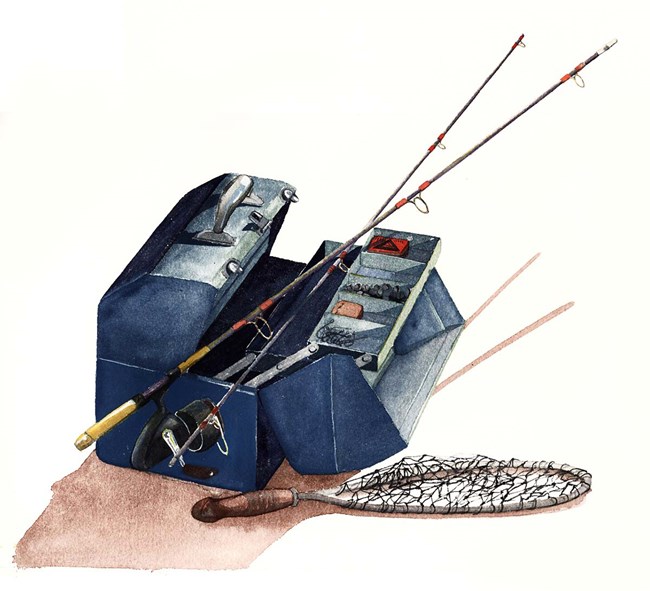 Painting of a blue box with lid open showing fishing lures, with two rods lying over it. On the ground is a net with a short handle.