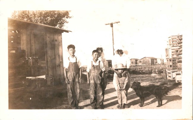 Two Japanese American boys wearing overalls smile next to a younger boy wearing a hat. A black dog looks up at them. Their mothers stand behind, obscured by white hats and the boys’ bodies.