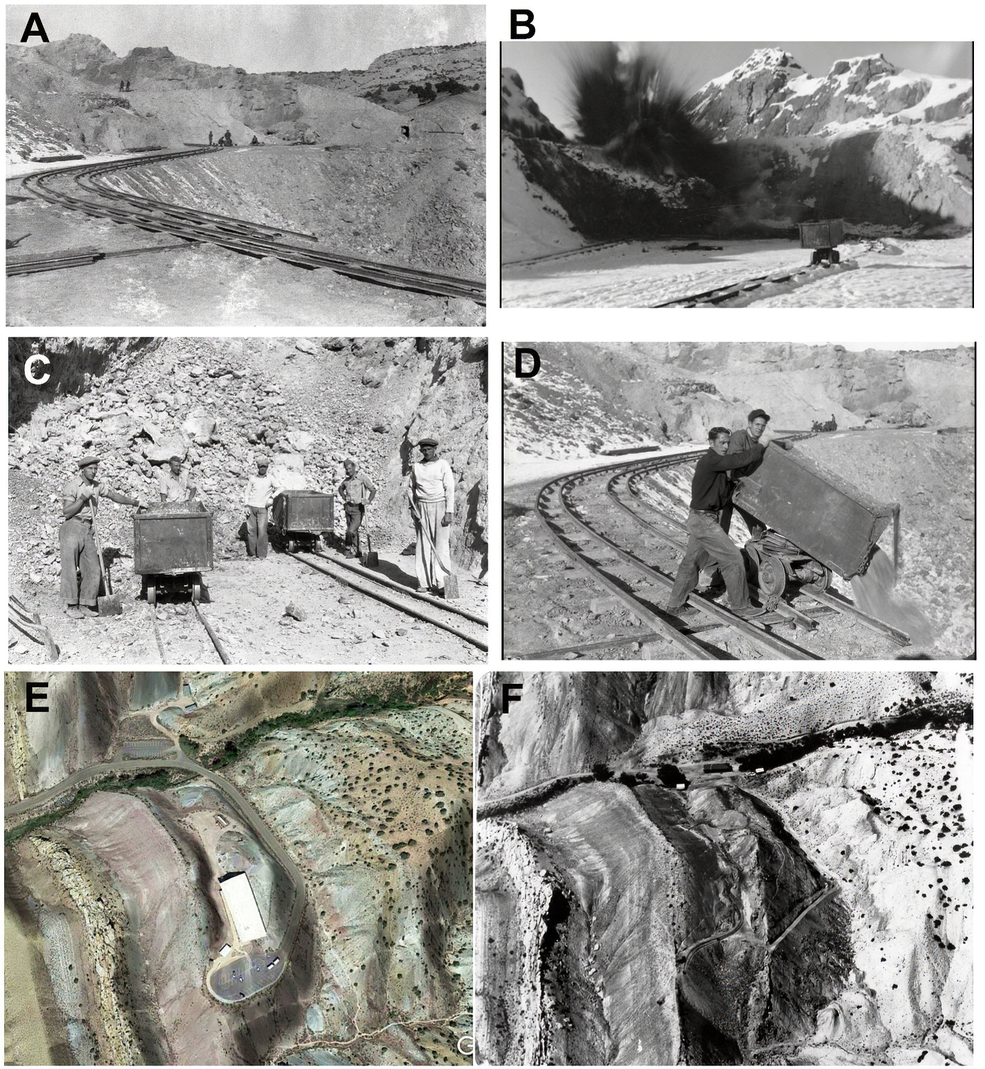 Images in 2 x 3 grid. Upper left: rails, depression; right: explosion. Middle left: people, carts, rocks; right: people, cart, depression. Lower left: aerial photo, building, parking lot; right: older aerial photo, no building or parking lot.