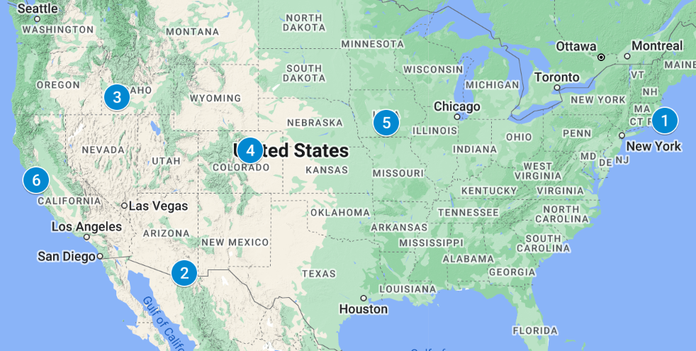 Map of the United States showing numbered circles on the locations of the places featured in this article