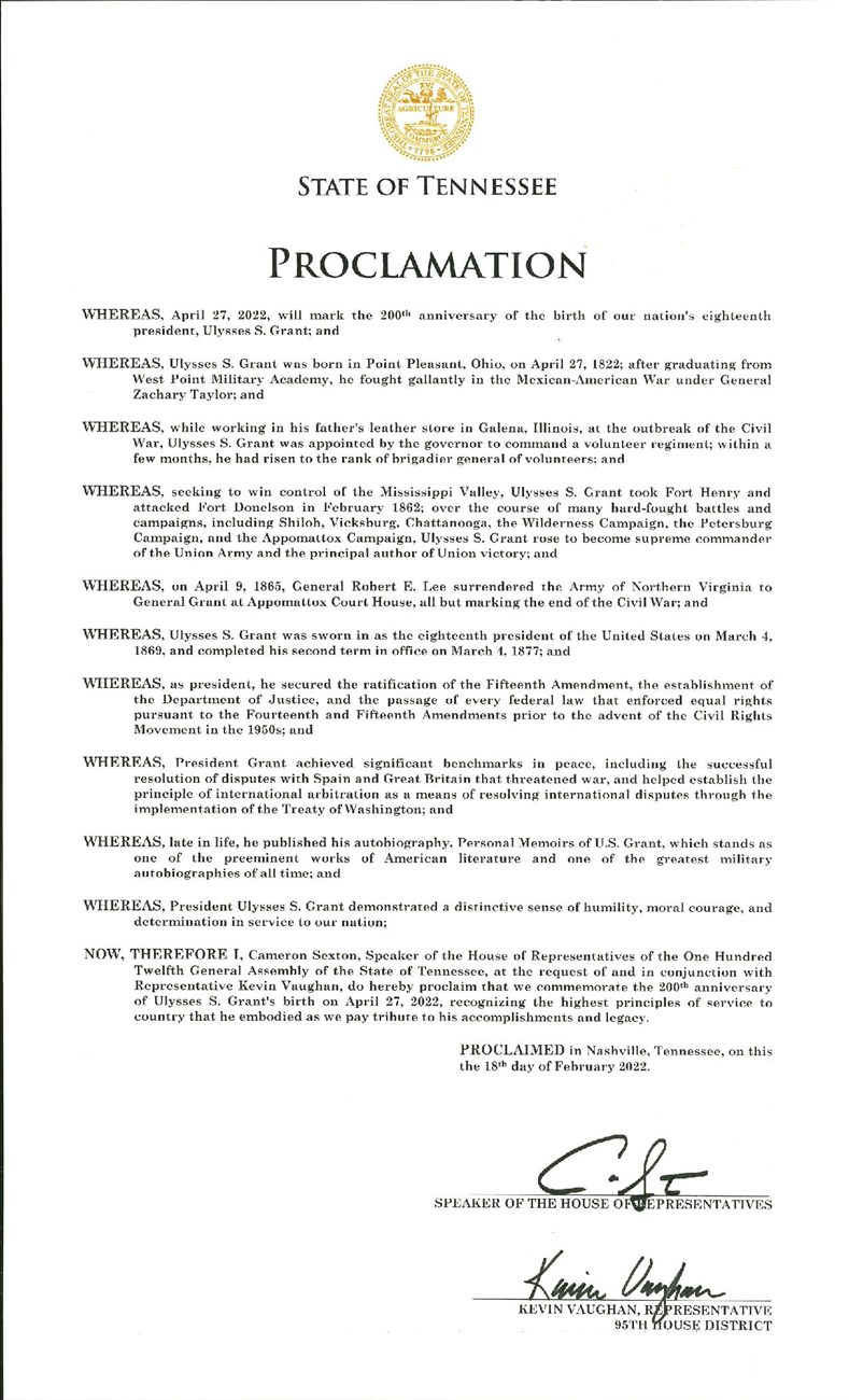 Message from Tennessee honoring the 200th anniversary of Grant's birthday. Gold seal of Tennessee attached top center of page