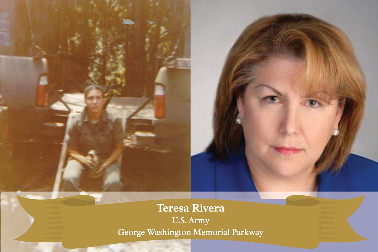TeresaRivera Split screen image of Teresa in the Army and today.