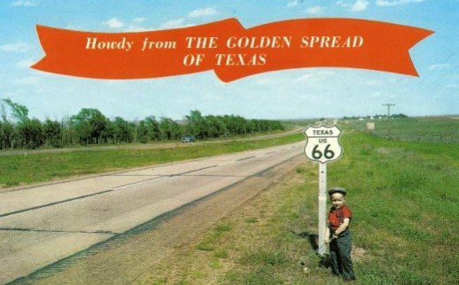 Illustration of a two-lane highway with a route 66 road sign.