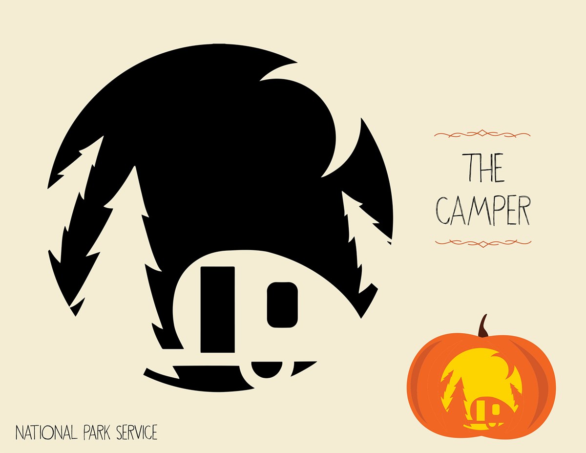 Graphic for a pumpkin carving activity with a stencil of a trailer in the woods under the moon and an example of it on a jack o' lantern. Text reads "The Camper. National Park Service."