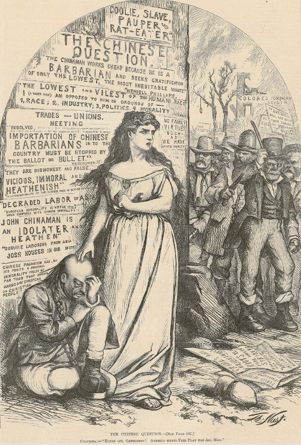 A woman representing "Columbia" stands over and protects a Chinese man. A group of men to the right of the two wield weapons and try to attack the Chinese man. A sign reads "The Chinese Question."