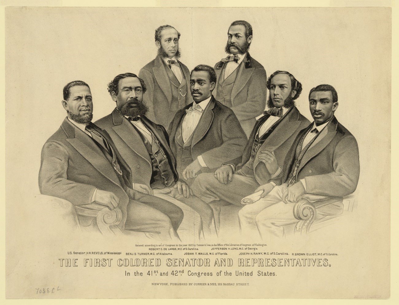 The First Colored Senator and Representatives - Currier and Ives 1872 Seven African American men sitting together and wearing suits and bow ties. Text reads "The First colored Senator and Representatives."