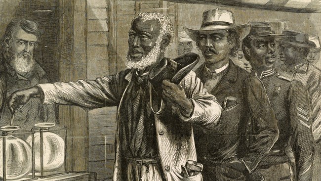 Political cartoon depicting an African American voter following the Civil War