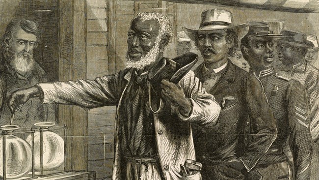 The First Vote - A.R. Waud 1867 Political cartoon depicting an African American voter following the Civil War