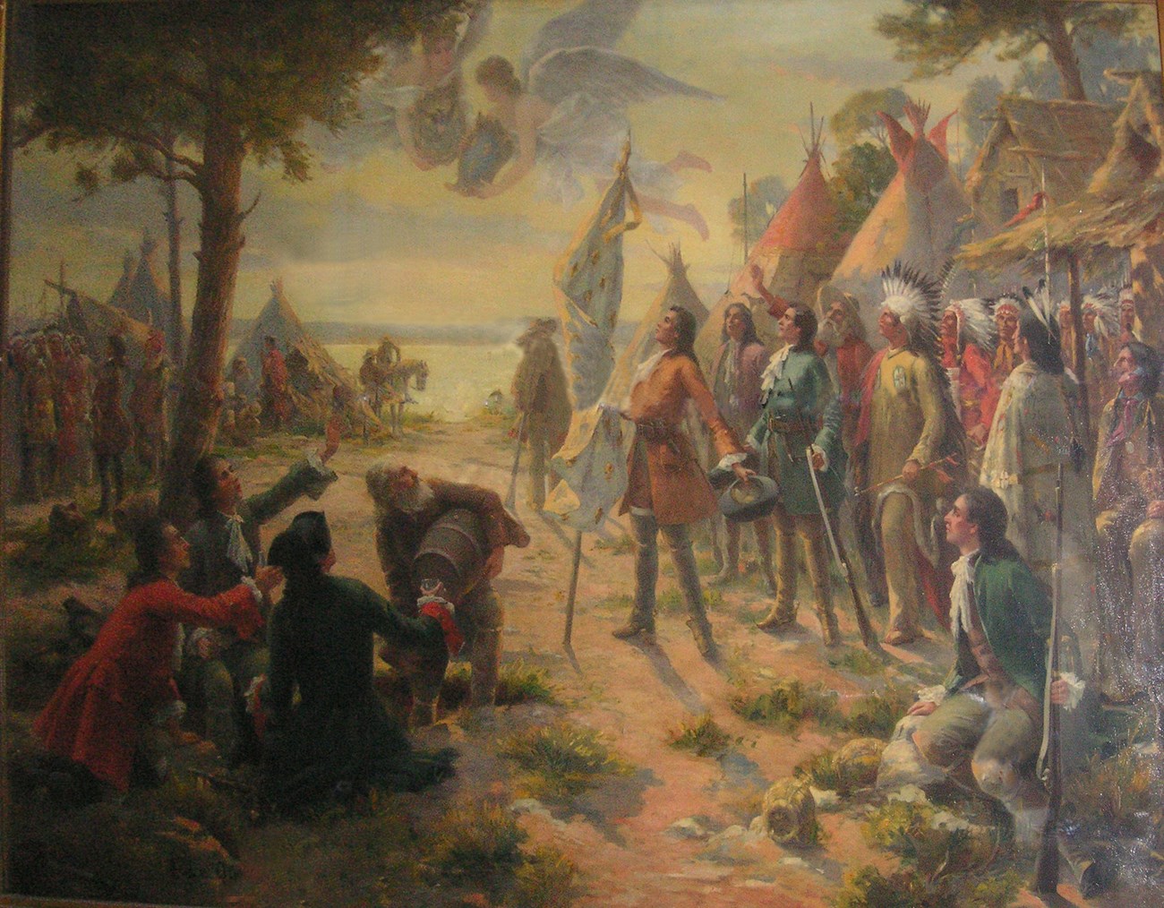 Painting of French Settlers arriving in St. Louis in 1764. A few of the men look to the sky and celebrate the establishment of "civilization" in St. Louis.
