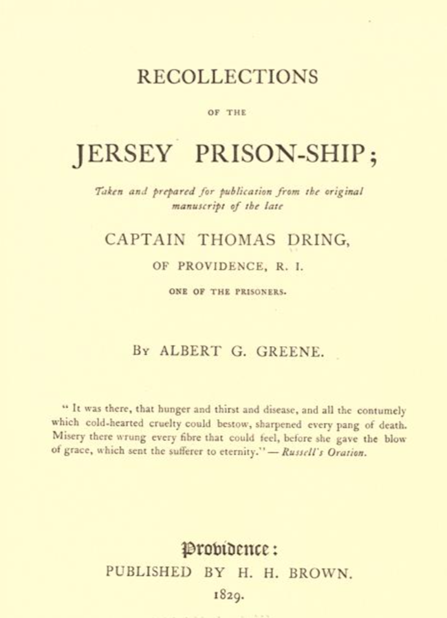 A title page from recollections about a prisoner's time on a British prison ship.
