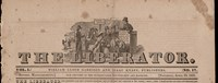 Masthead of the Liberator April 1831 edition which has an illustration of a slave auction block.