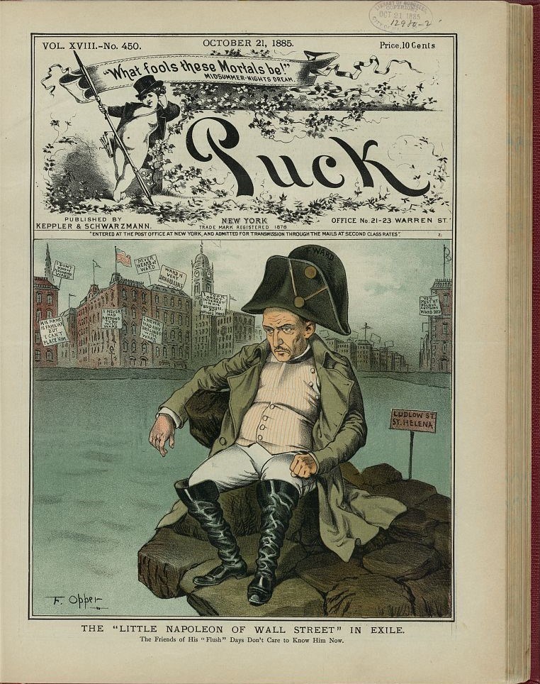 Color lithograph of a man sitting on a rock island in New York City.