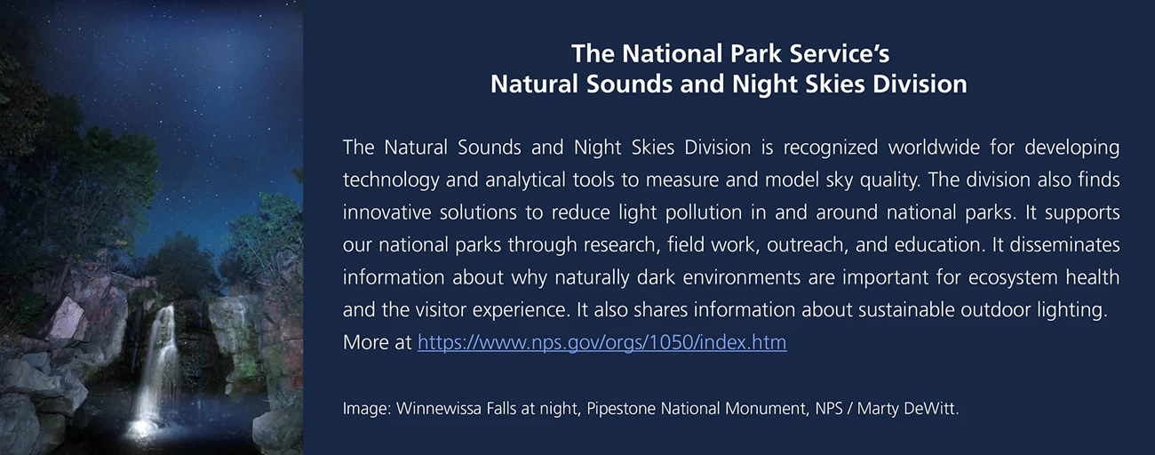 The Natural Sounds and Night Skies Division A dark blue box with white lettering describing the functions of the division. At left is a photo of a waterfall with starry skies above it.