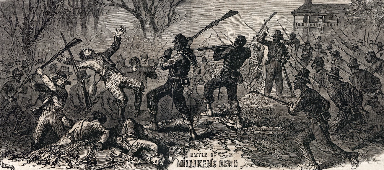 The Negro in the War - Sketches of Various Employments of the Colored Men in the United States Armies - From sketches by our Special Artist, C.E.F. Hillen; Frank Leslie's Illustrated Newspaper Historic illustration of the Battle of Milliken's Bend, showing intense hand-to-hand combat between Union and Confederate soldiers