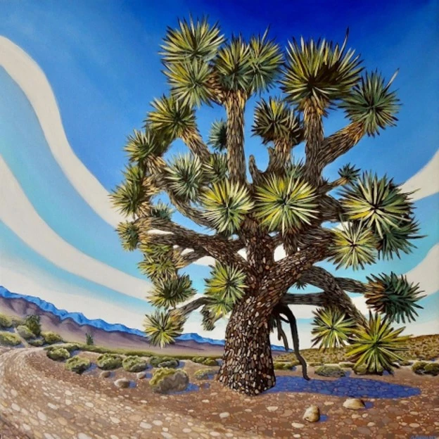 The Road to Mystery, oil on canvas An oil painting of a large Joshua tree growing from the rocky desert floor.