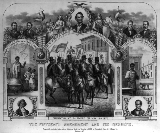 Black and white political cartoon of men on horses in the center, and multiple figures above text