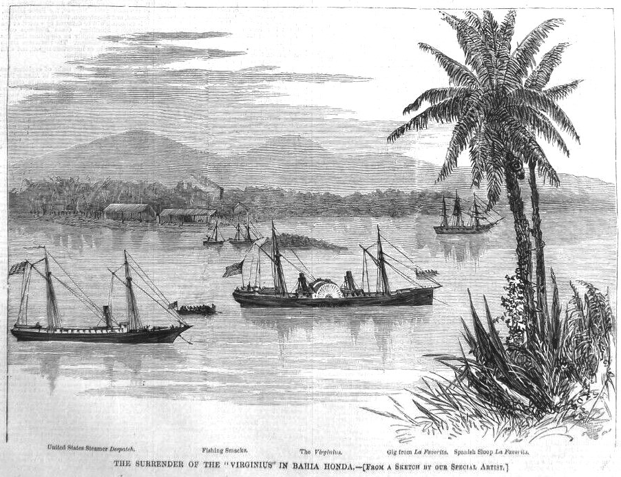 Lithograph drawing of five ships at sea, including the USS Virginius.