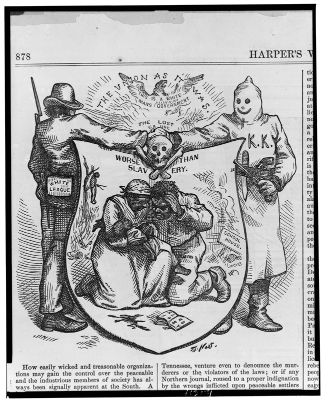 Black and white political cartoon of a man in a hat, and jacket with "white league" written on the pocket shaking hands with someone with weapons and a white robe covering their face and body, while an African American family cowers below their handshake