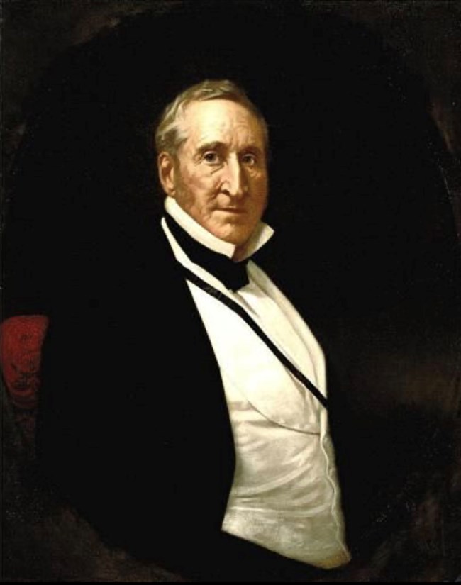 Color painting of an older gentleman wearing a suit and bowtie with a high collar.