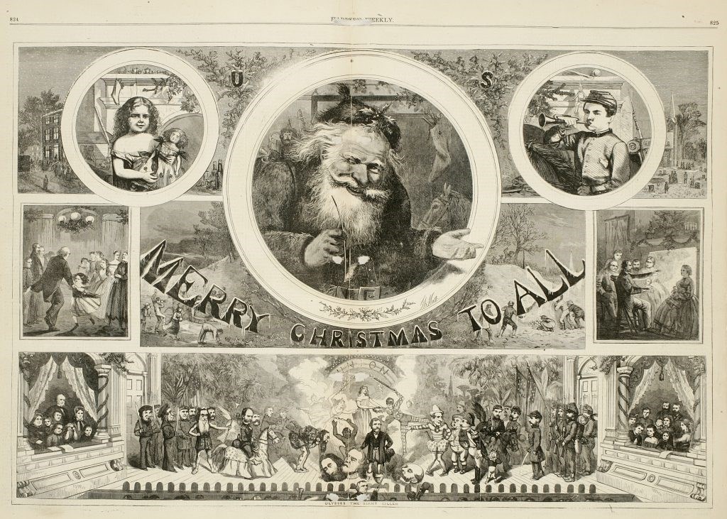 Thomas-Nast-Christmas-1865 Harper's Weekly 1860s political cartoon of Santa Claus as a bearded elderly man with text that reads "Merry Christmas to All."