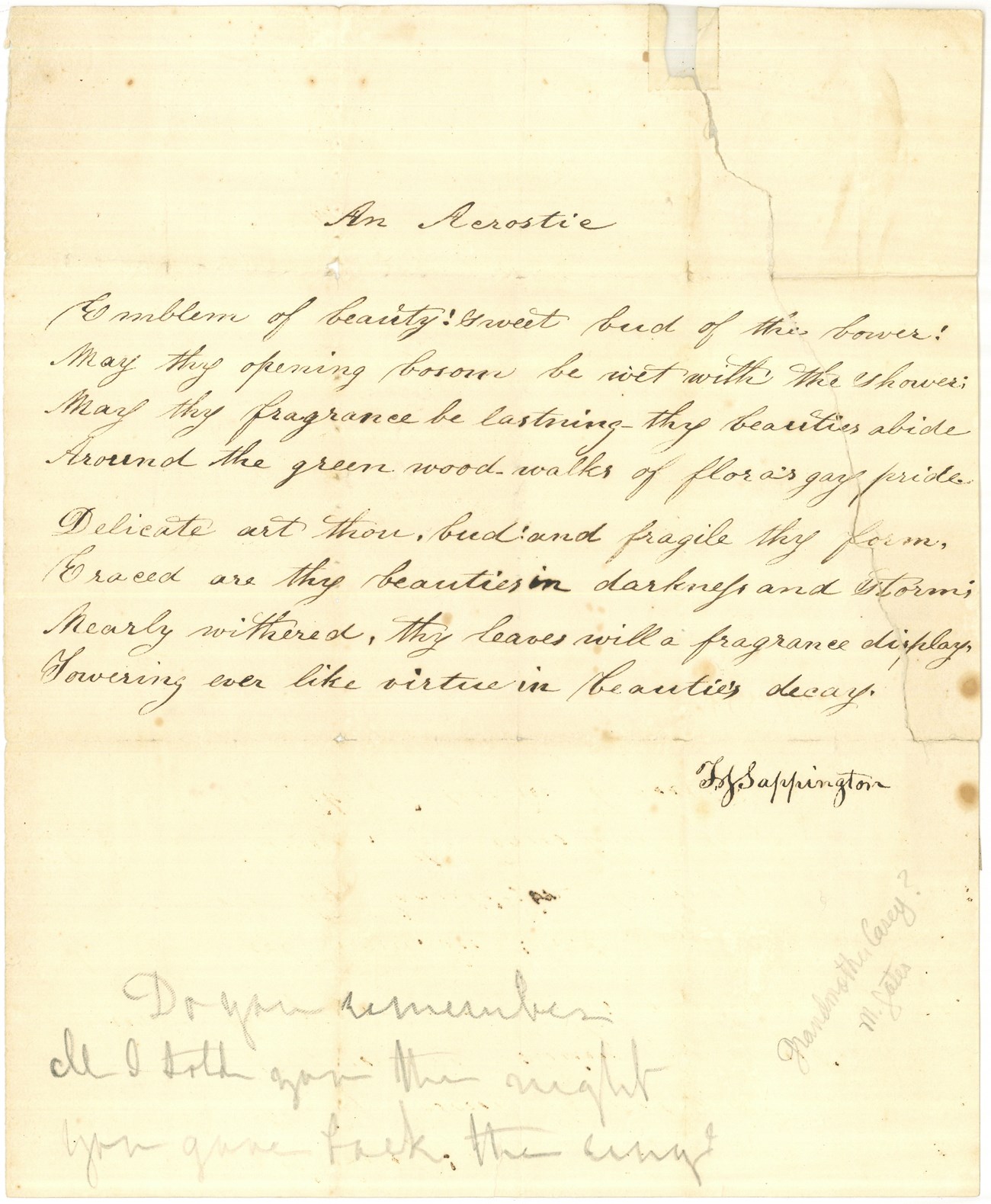Handwritten acrostic poem from the 1850s.